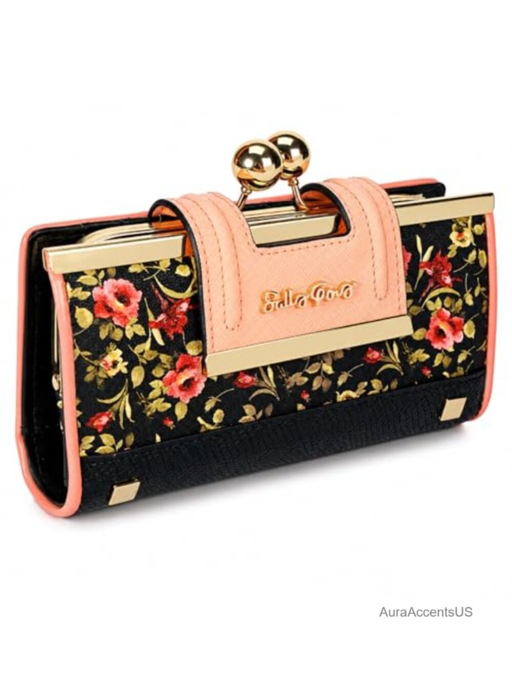 Vintage Floral Kiss-Lock Clutch Wallet with Coin Pocket Faux Leather